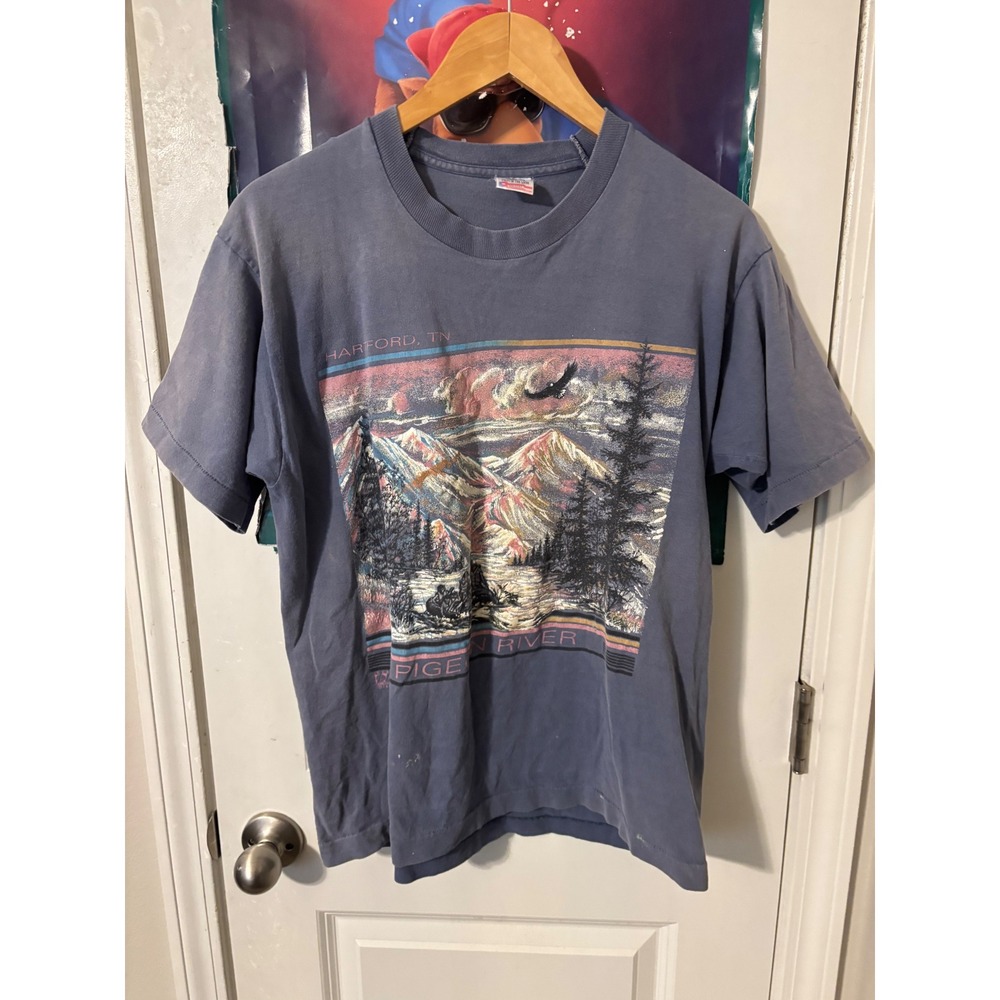 Vintage 1992 Hartford TN Pigeon River T Shirt Fruit of the Loom Blue Gray Med